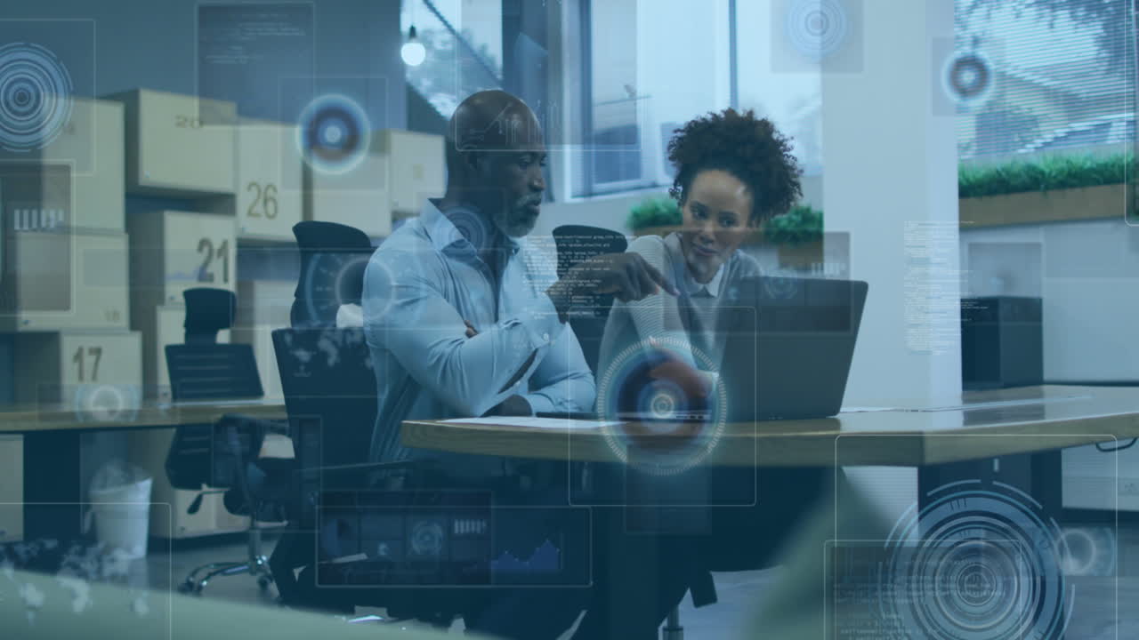 Animation of financial data processing over diverse business people