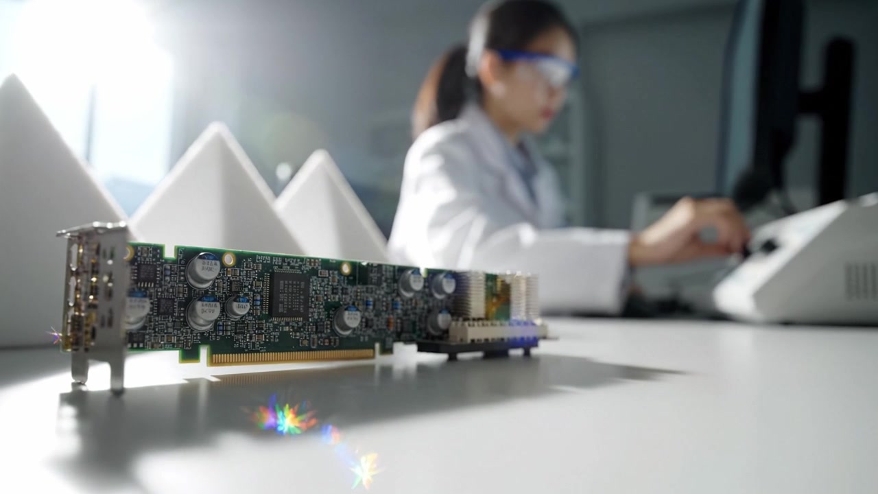 Technician Analyzing Circuit Board Components with a Computer in a Laboratory Setting to Enhance Electronic Device Performance and Innovation