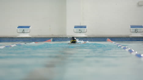 swimming in lane, athlete practicing freestyle stroke in indoor pool, copy space