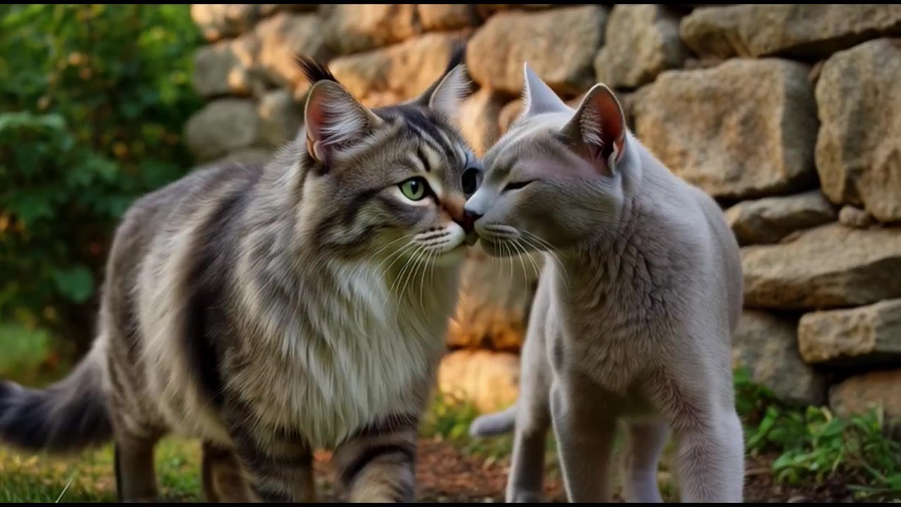 Due gatti che si coccolano in un giardino.
