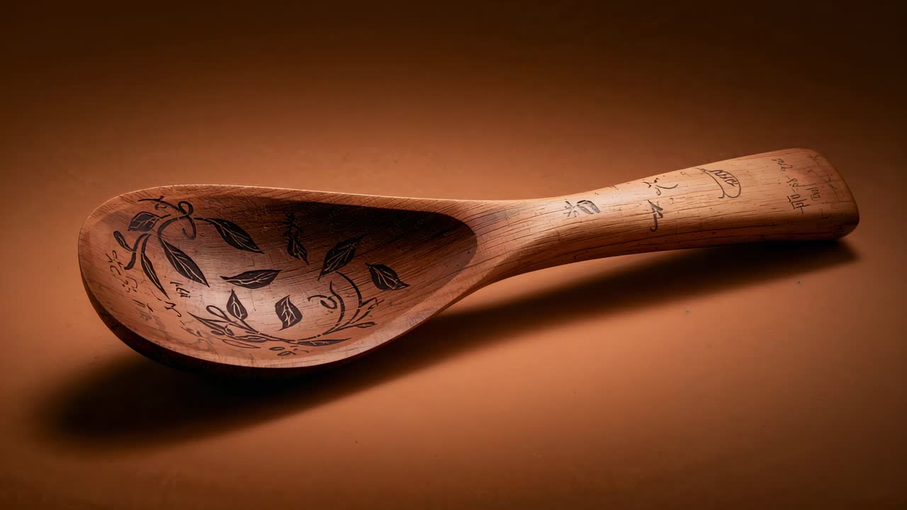 Moving light, zooming in to show wood spoon leaf-vine carving and etched handle on warm table