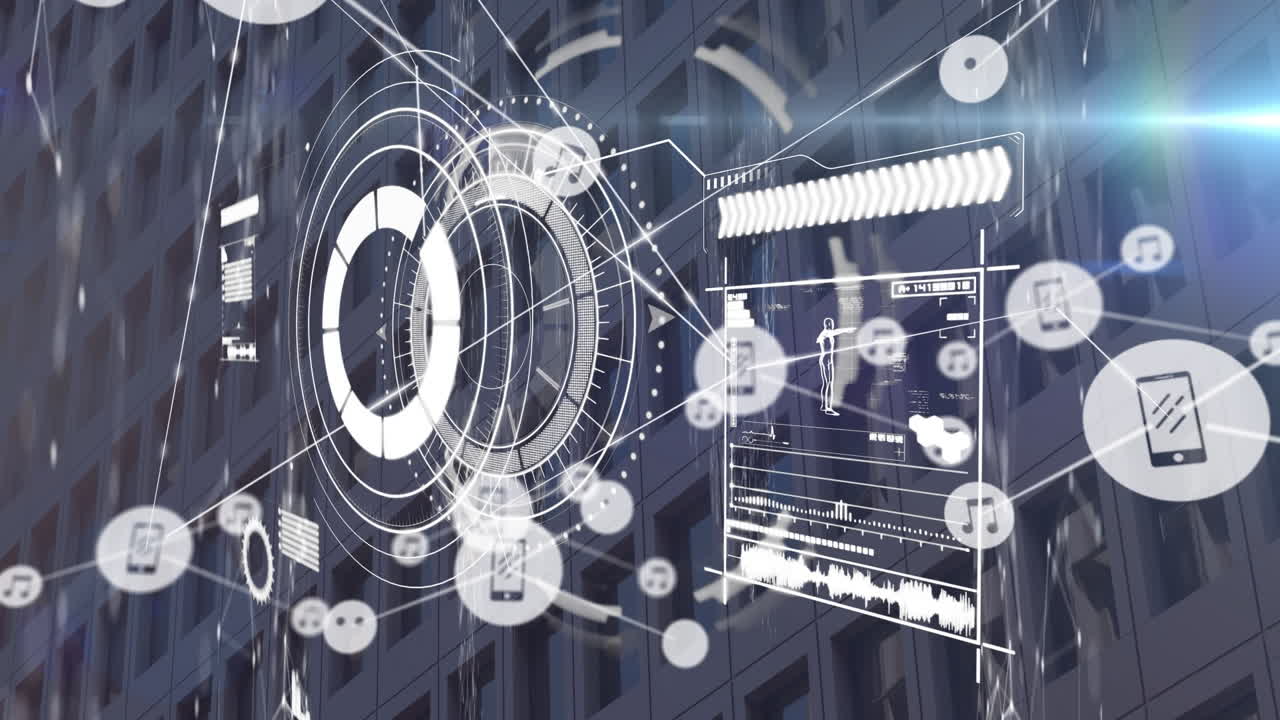 아이콘과 건물 위의 범위 스캐닝으로 연결 네트워크의 애니메이션