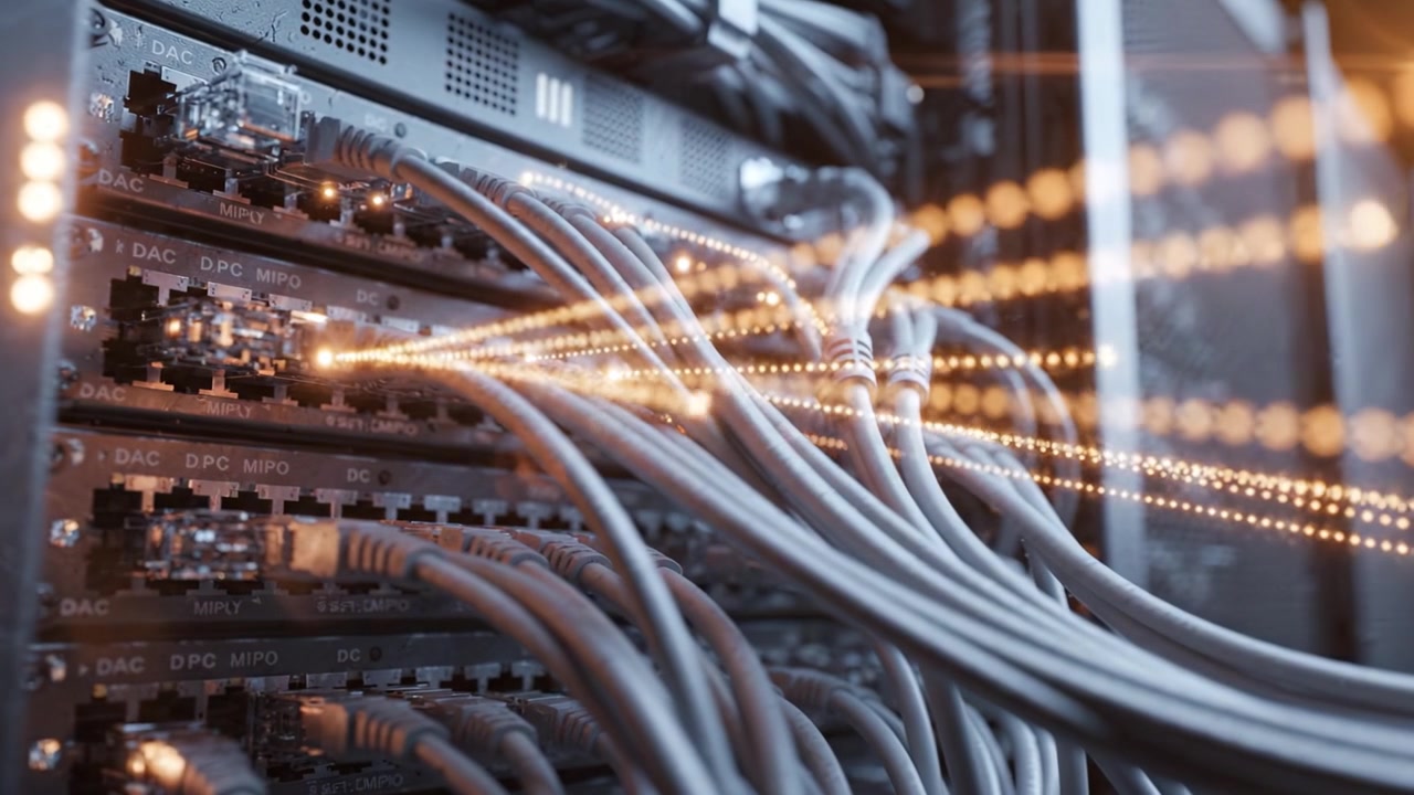 Intricate Network of Cables and Connections in Data Center Equipment Showcasing the Complexity of Modern Digital Infrastructure and Communication Technology