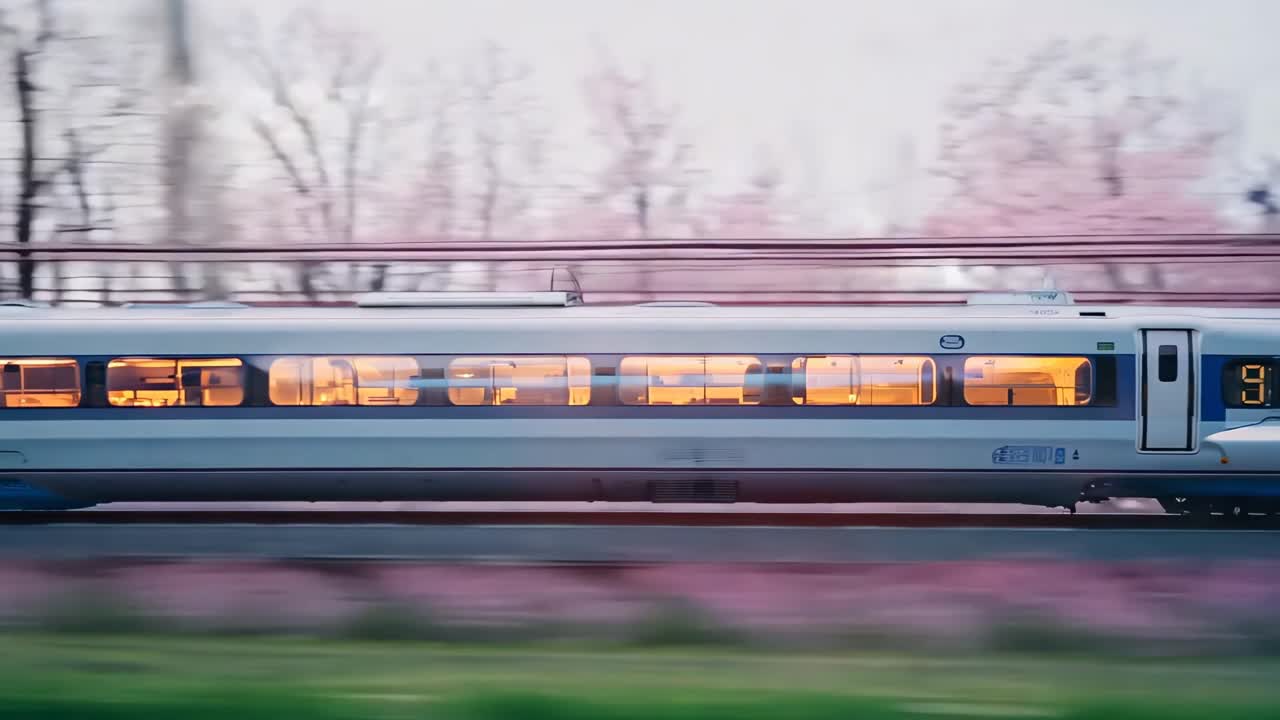 A dynamic video still of a bullet train speeding past cherry blossoms, captured in a side view