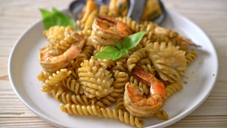 pasta en espiral salteada con mariscos y salsa de albahaca - estilo comida fusión