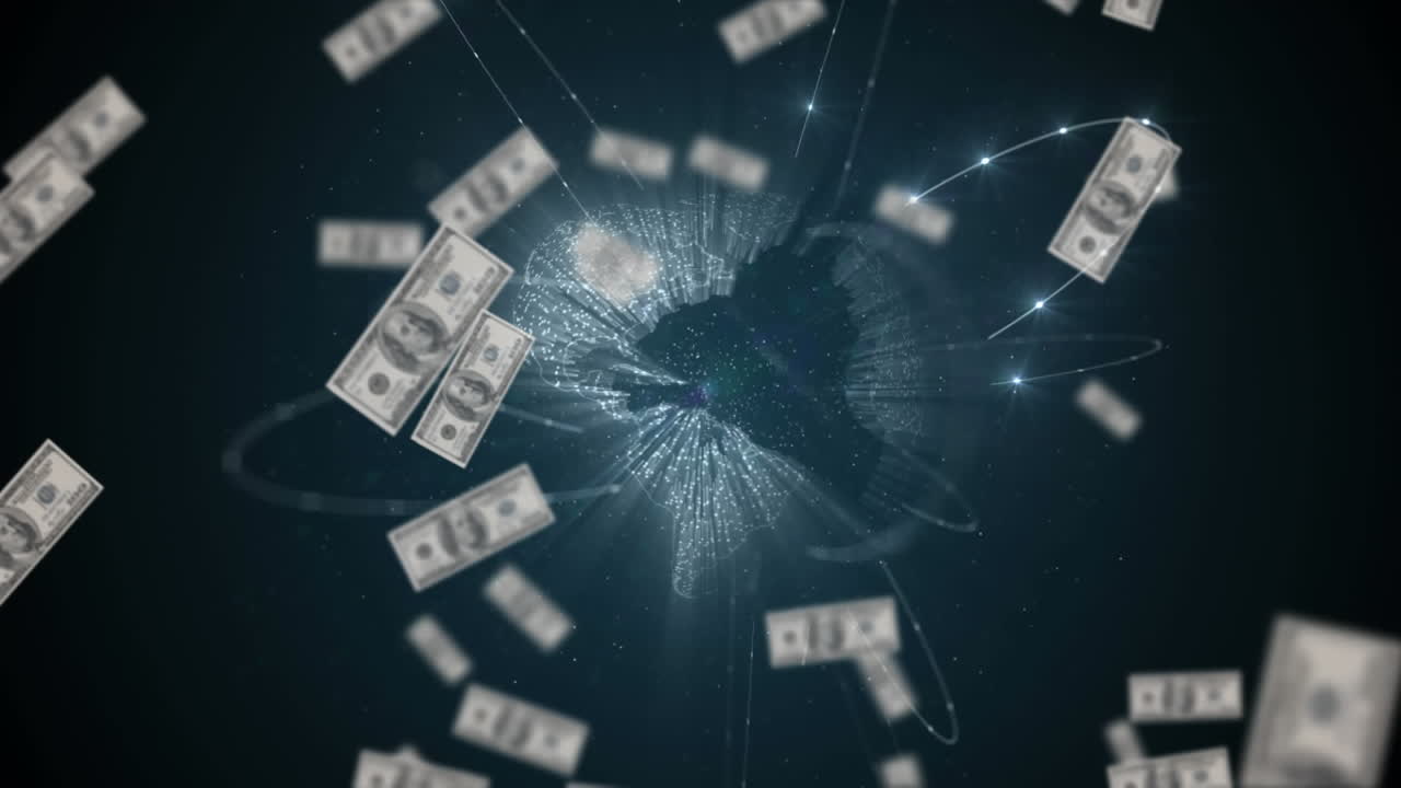 돌고 있는 지구 위 에 떠다니는 달러 의 애니메이션