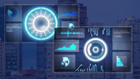 animation of data processing with scope scanning over cityscape