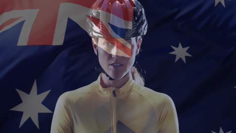 animation of flag of australia over caucasian female cyclist