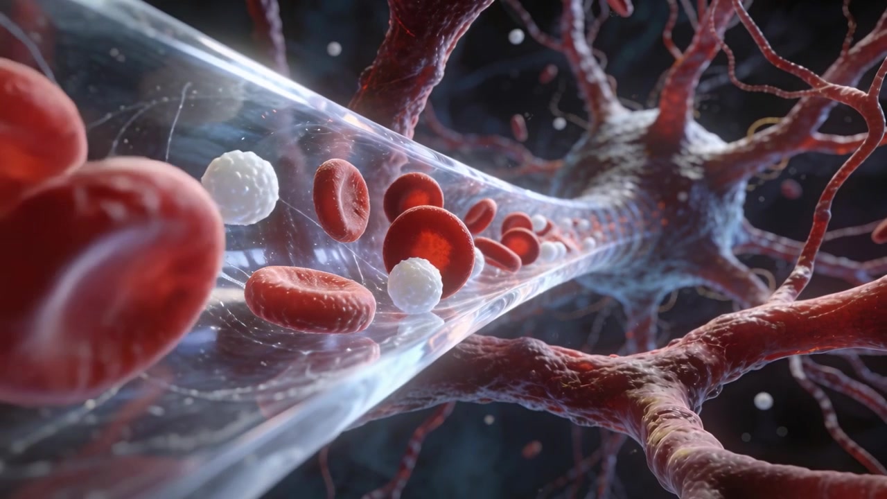 Advancing camera, red and white cells flowing through clear capillary, revealing particulates