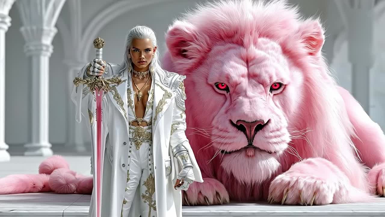 A woman in a white robe holding a sword next to a pink lion