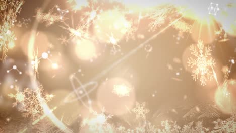 Animation-Von-Schneeflocken,-Die-über-Moleküle-Und-Goldenem-Hintergrund-Fallen