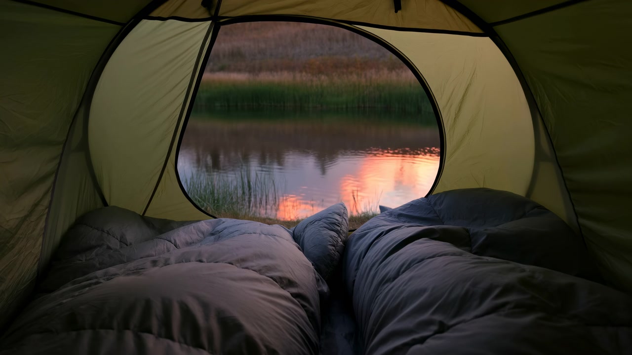 Indvendig udsigt fra et campingtelt med soveposer i forgrunden og en rolig sø, der gløder i aftenlyset gennem åbningen, hvilket skaber en