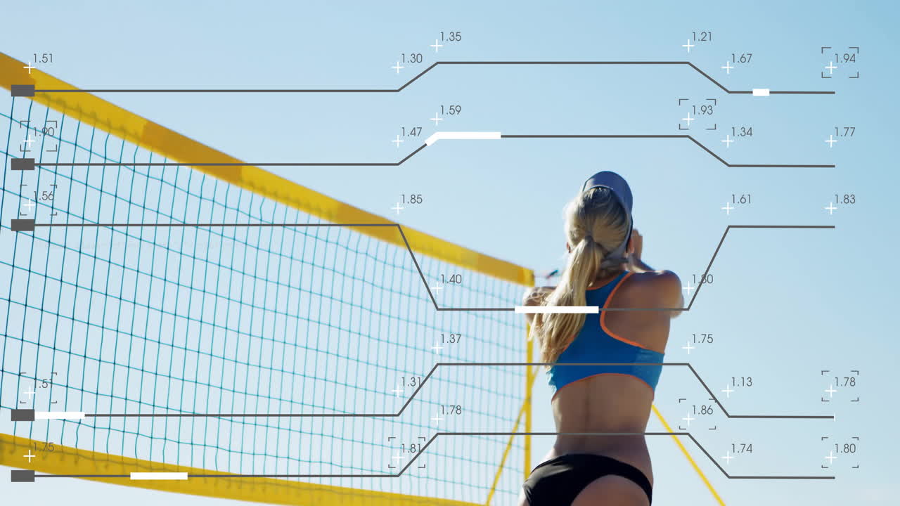 Jumping at net, volleyball player with animation overlay for data analysis