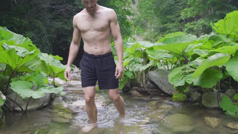 man walking by stream in forest.