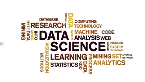 4k data science animated tag word cloud,text design animation seamless loop.