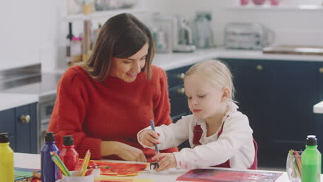 madre con hija en casa haciendo artesanía y pintando cuadros en la cocina