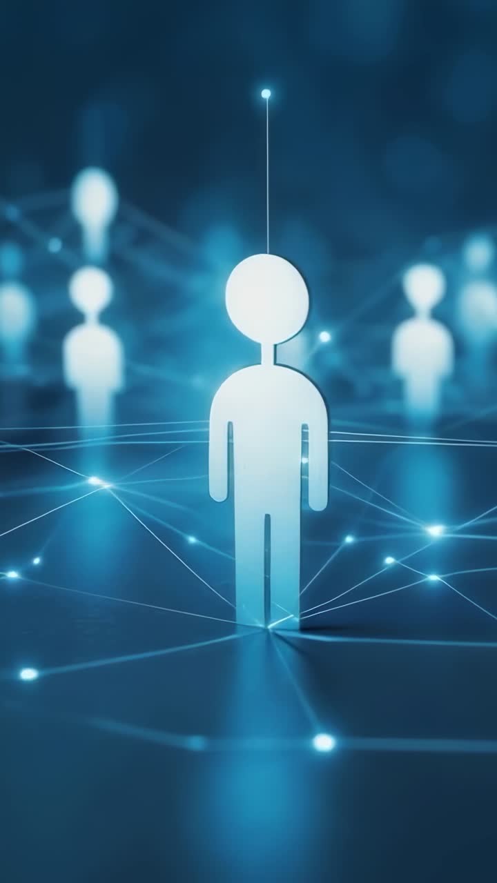Vertical video: Camera panning centering glowing avatar on grid with rising beam pulsing nodes