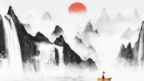 serene chinese ink wash landscape with mountains, waterfalls, and a lone boat