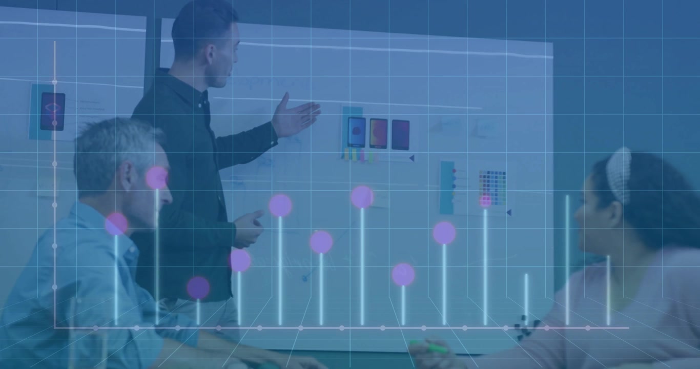 Presenter pointing at sketch and initiating tech chart overlay showing goals during design meeting
