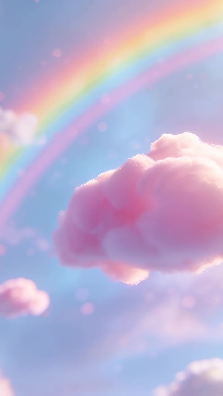 Vertikal video: En blid brise bevæger en lyserød sky indad på en pastelfarvet himmel med regnbue, skytoppe og bokeh-effekt.