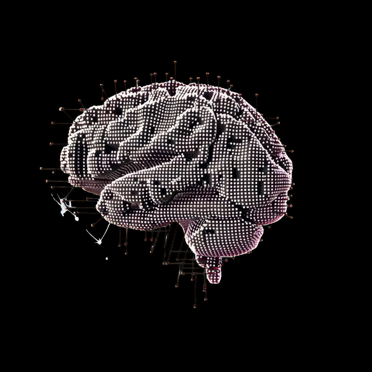 Digital brain composed of dots animation isolated asset, transparent 4K video, alpha channel, ProRes
