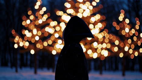 silhouette of person in winter night with christmas lights