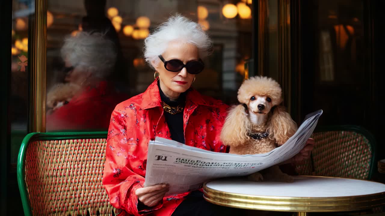 Elegant Senior Woman in Stylish Outfit Reading Newspaper with Adorable Poodle Dog in Trendy Café Setting, Highlighting a Moment of Fashion and Companionship in Urban Life