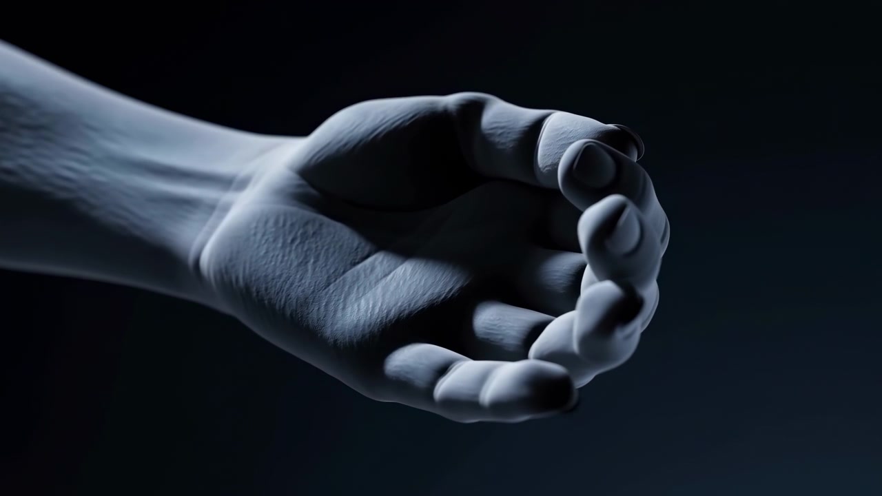Close view of a human hand and forearm extending from the left with an open palm against a dark background, shown in dramatic low key lighting and strong