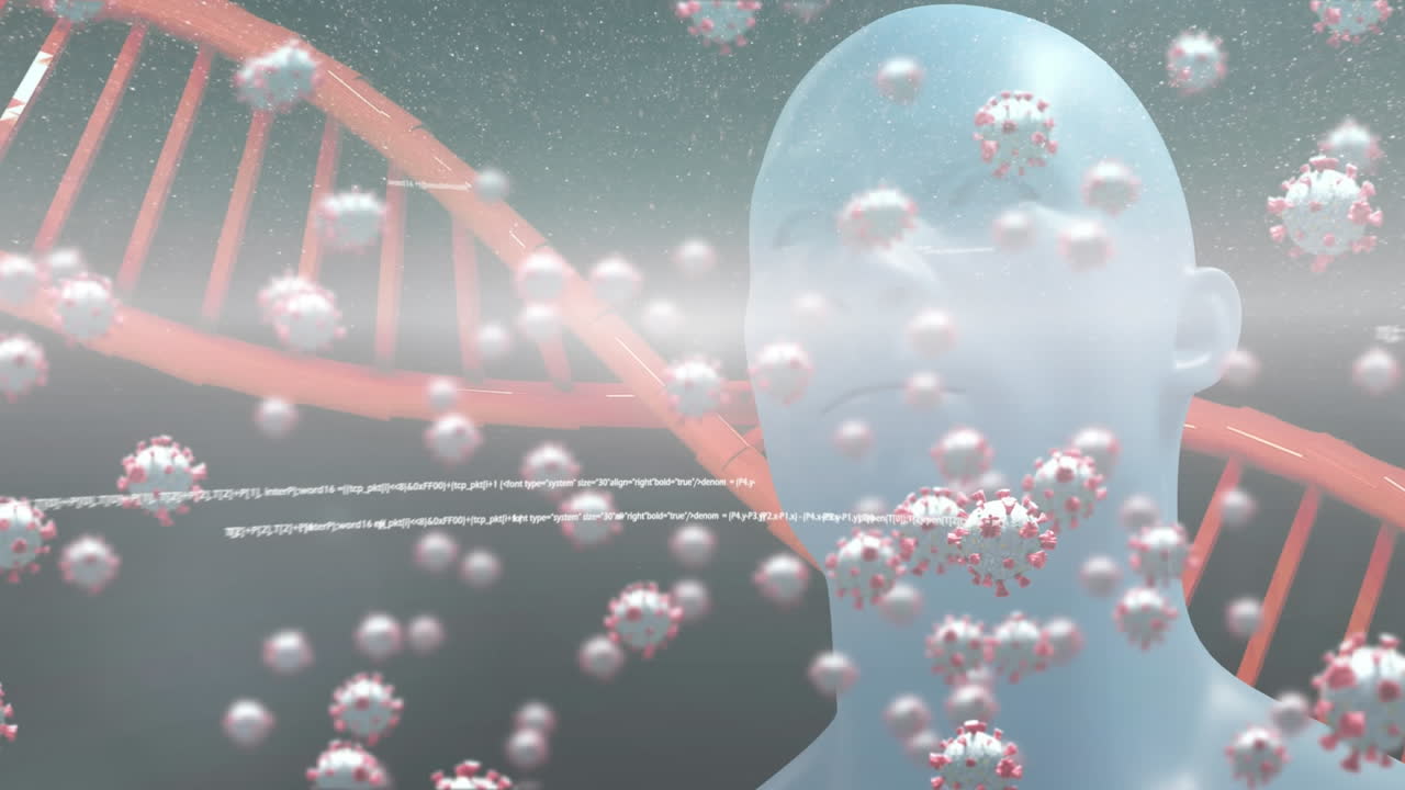 어두운 배경에 회전하는 dna 줄에 떨어지는 세포의 애니메이션