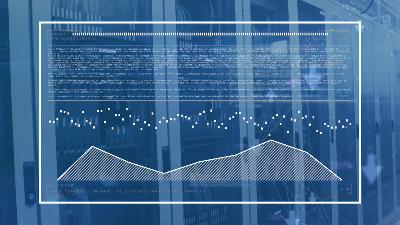 Animation of computer language and graph over data server racks