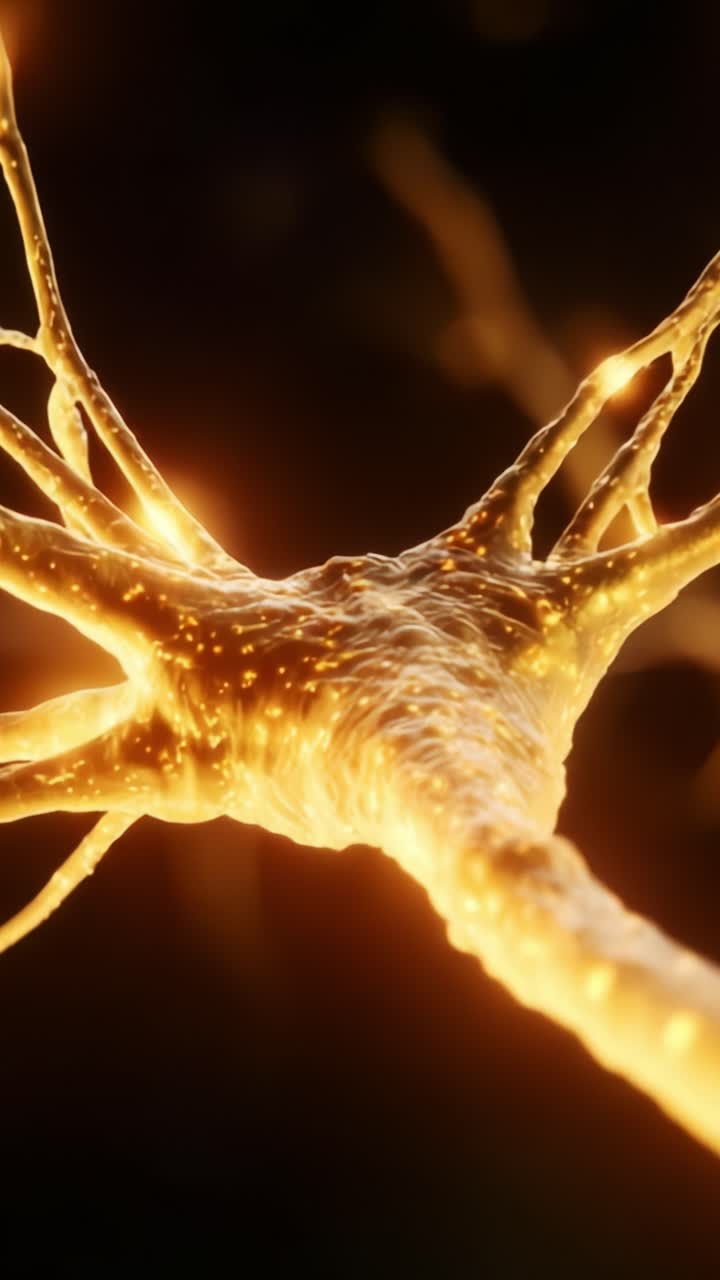 Una straordinaria immagine dell'attività neuronale che mette in risalto l'affascinante struttura e funzione dei neuroni con un'estetica arancione brillante e messa a fuoco in profondità