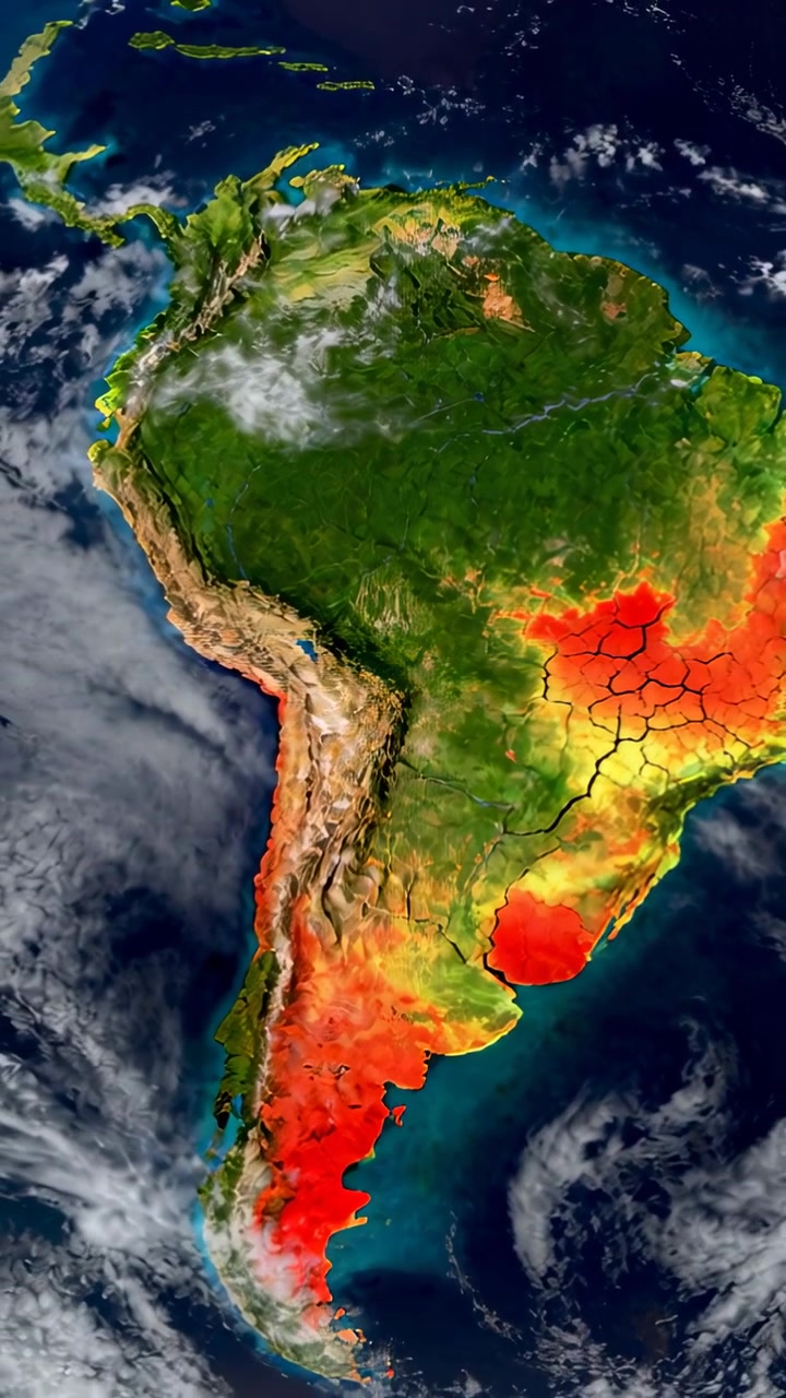 Video verticale: Animazione di vista satellitare che ruota sopra il Sud America, mostrando crepe da siccità e nuvole