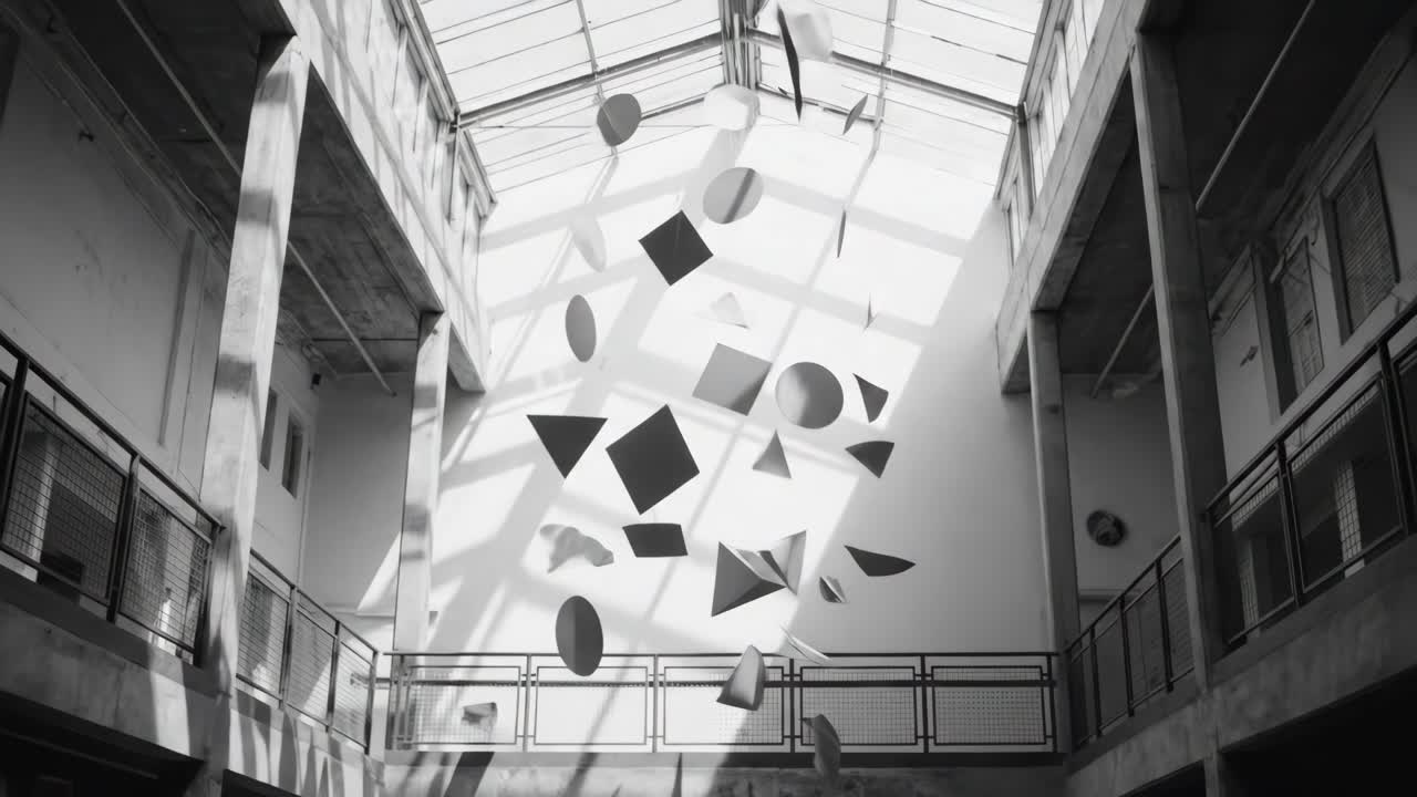 Abstract Geometric Shapes Falling Through a Modern Atrium