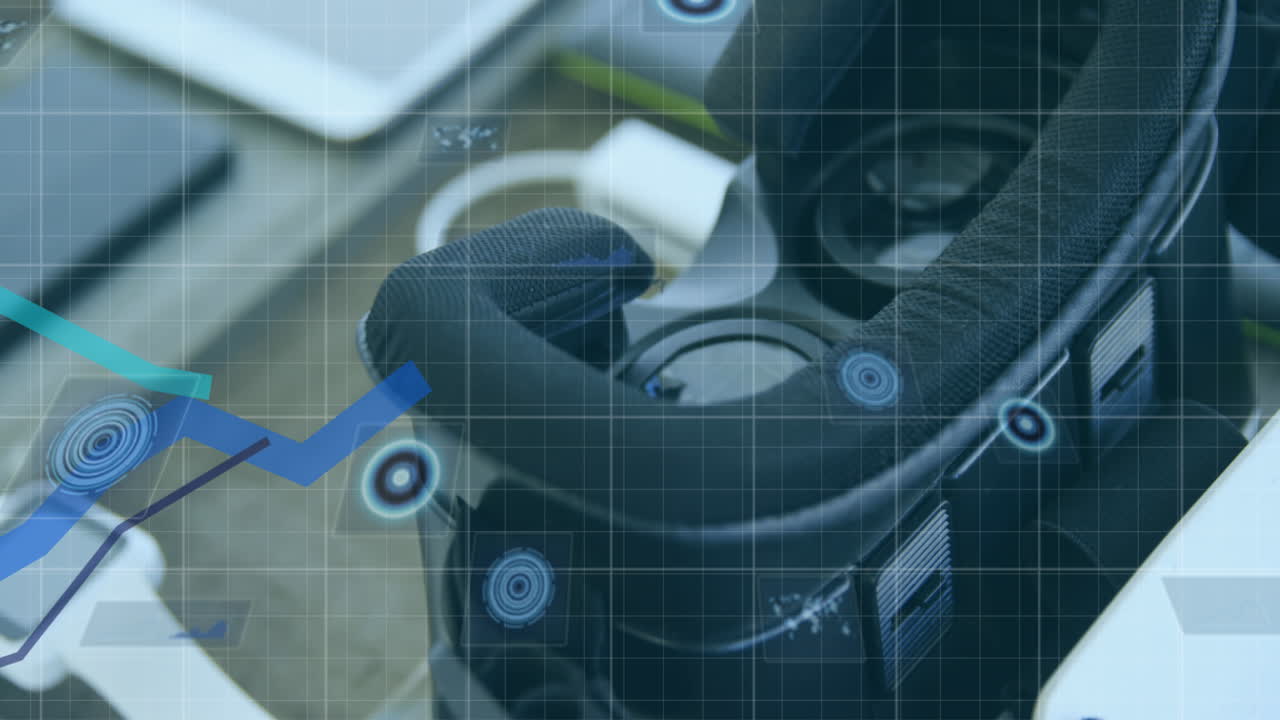 통계 데이터 처리 및 사무실 책상에 vr 헤드 ⁇ 에 대한 둥근 스캐너