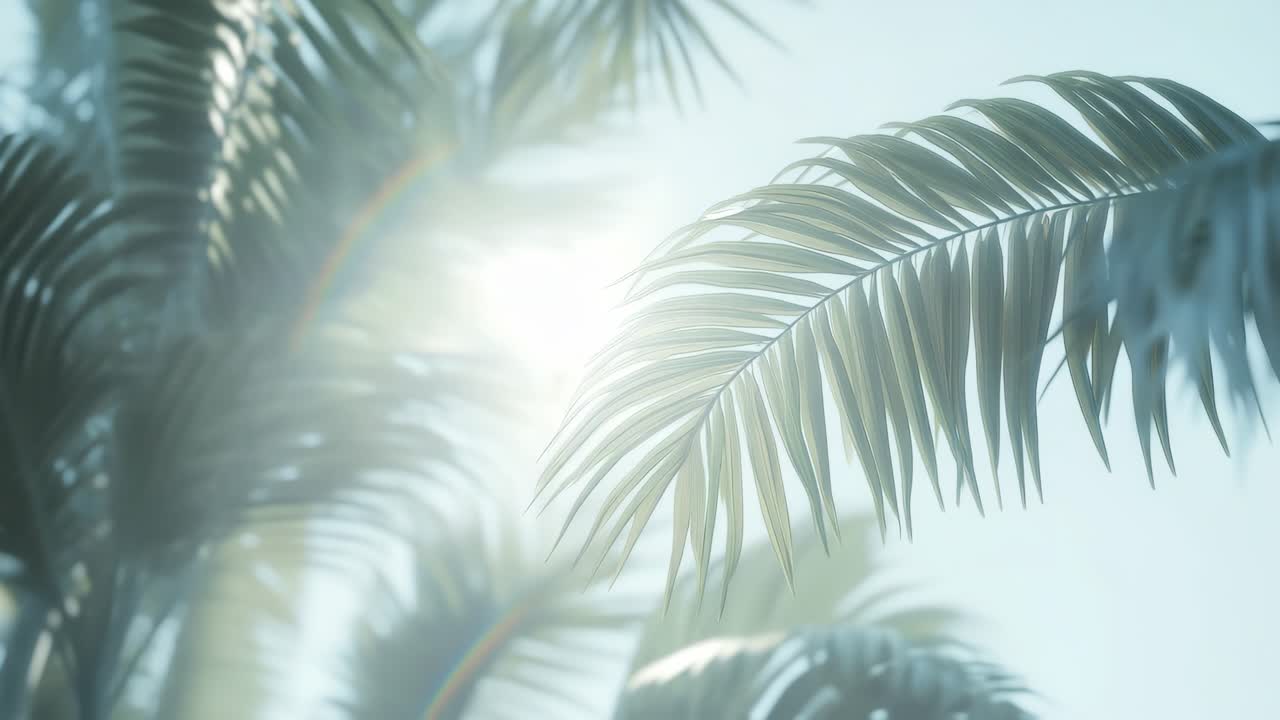 ヤシの葉を通して差し込む太陽の光、穏やかで夢のような動画のシーン。