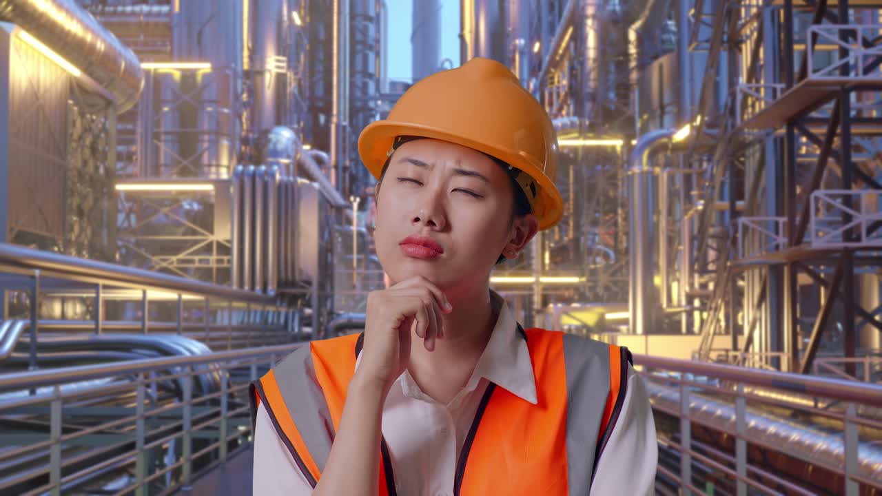 Close Up Of Asian Female Engineer With Safety Helmet Thinking About Something And Looking Around While Standing At A Vast Oil Refinery