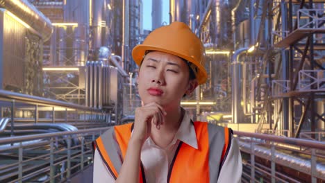 close up of asian female engineer with safety helmet thinking about something and looking around while standing at a vast oil refinery