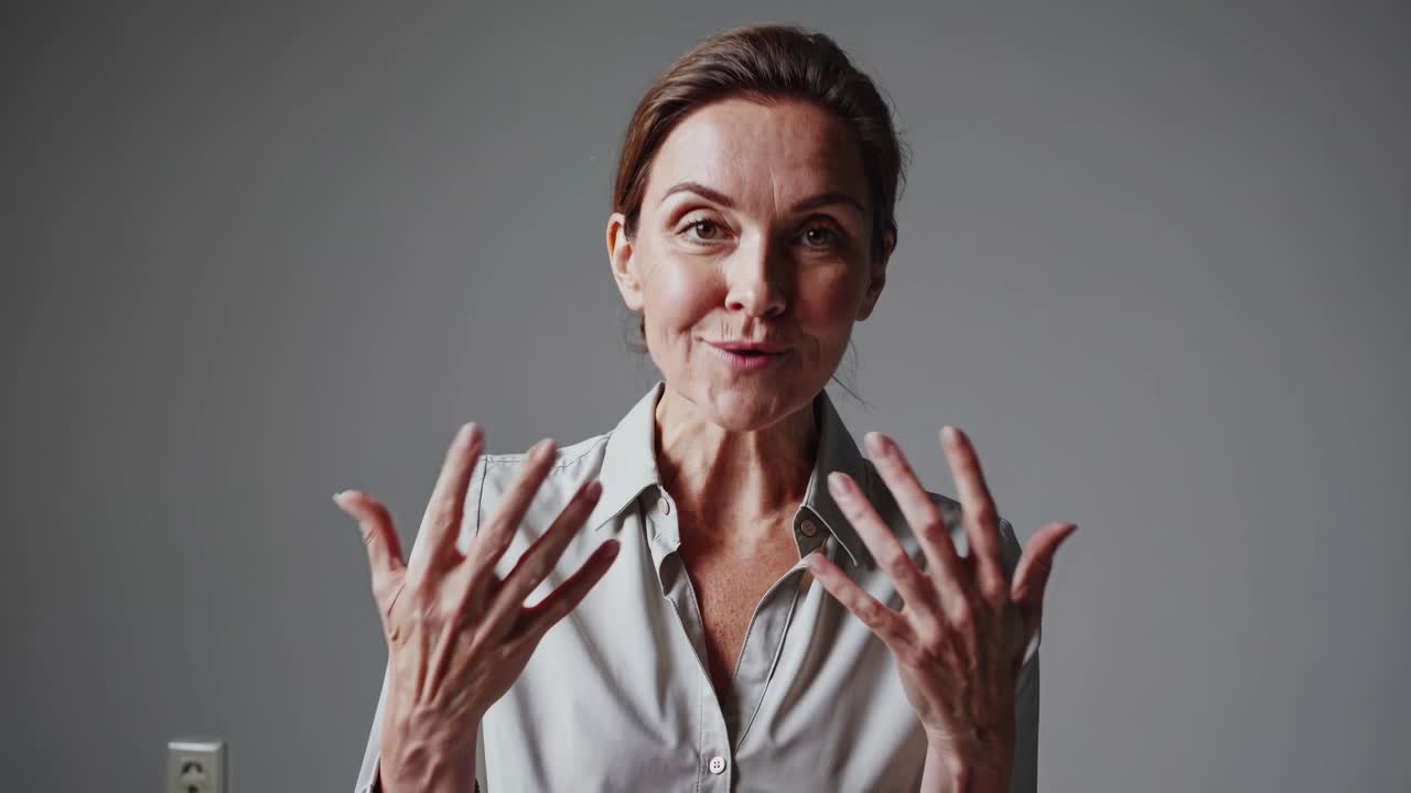 Portrait of a woman in a neutral setting, captured at eye level