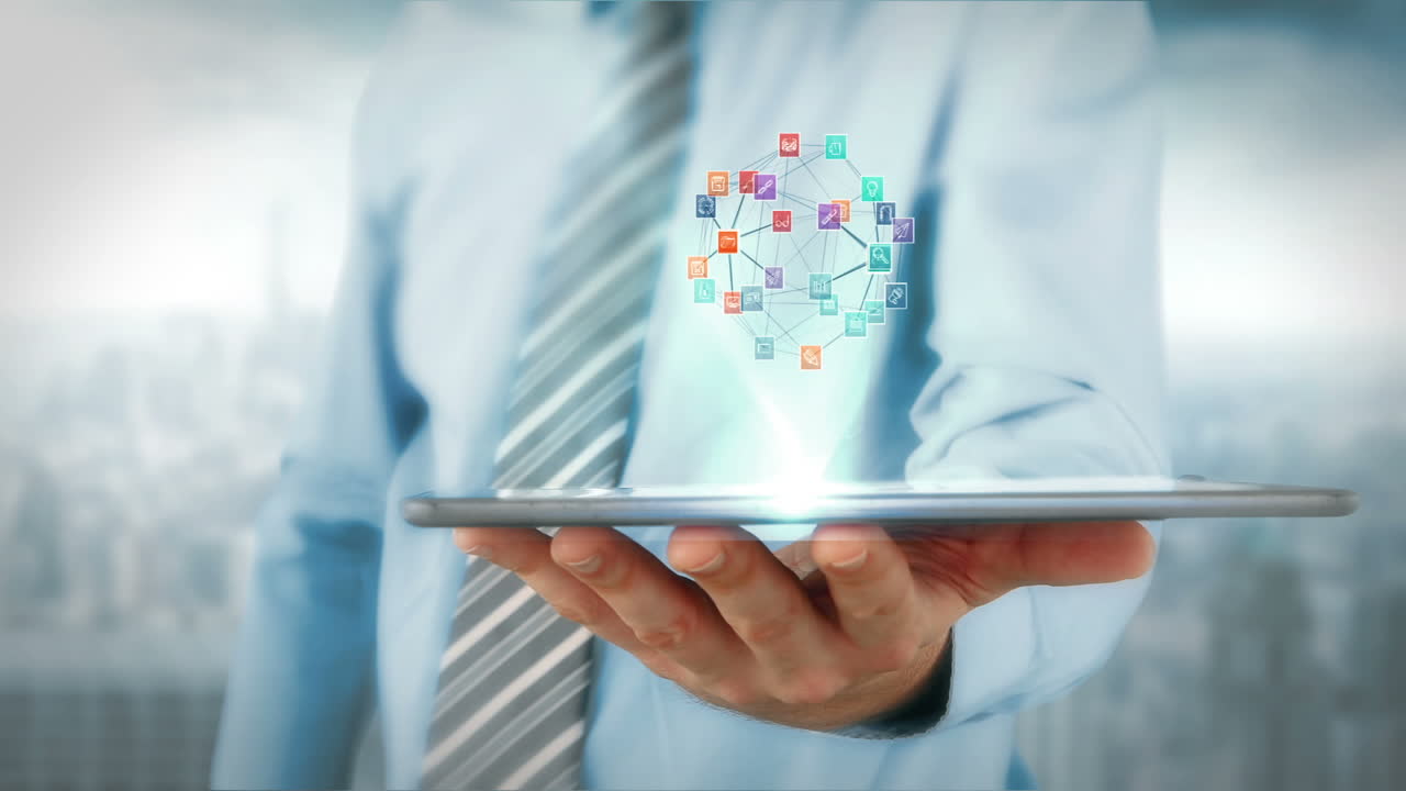 Businessman using tablet with digital animation
