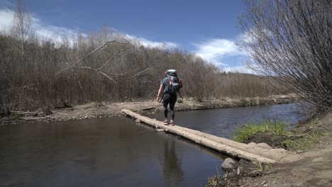 female hiker with backpacking crossing small river on log, new mexico usa