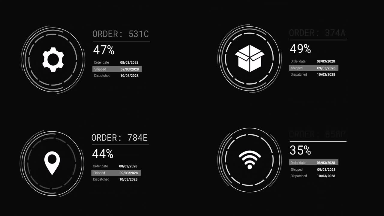 Animation of icons with data processing on black background