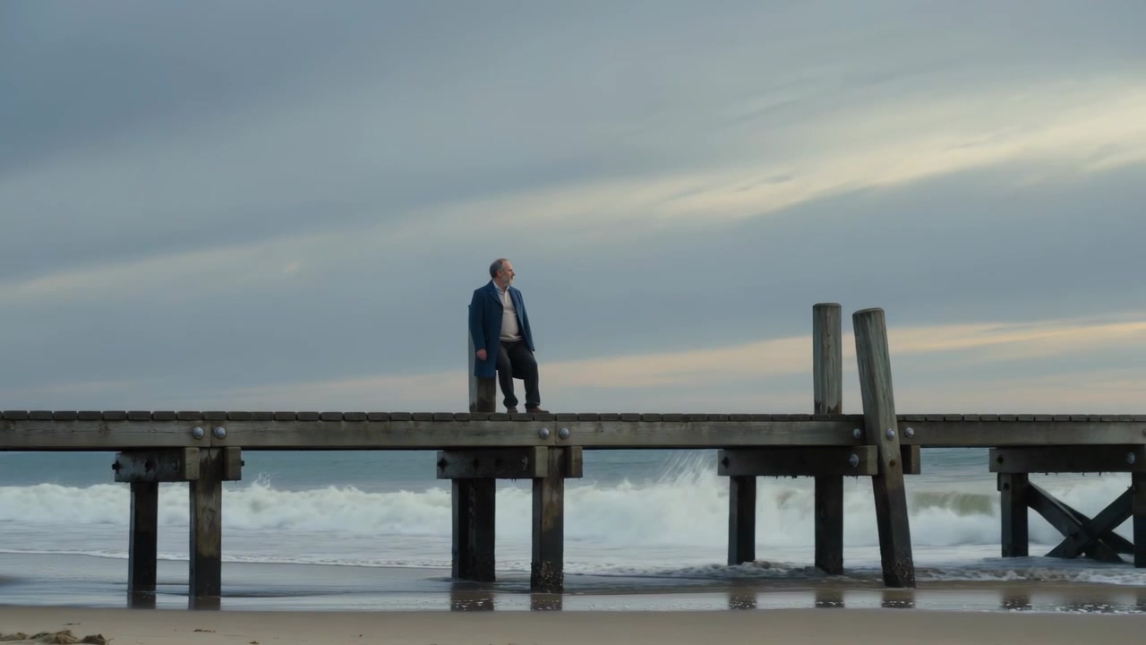 Homem caminhando, vestindo jaqueta escura, diminuindo o passo, olhando para o horizonte no píer enquanto as ondas quebram, segurando uma bolsa.