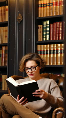 mujer leyendo un libro en una biblioteca