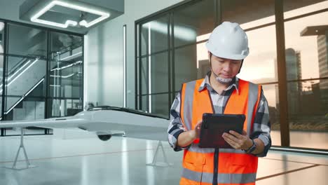 ingeniero masculino asiático con casco de seguridad trabajando en una tableta mientras está de pie con el proyecto de drones