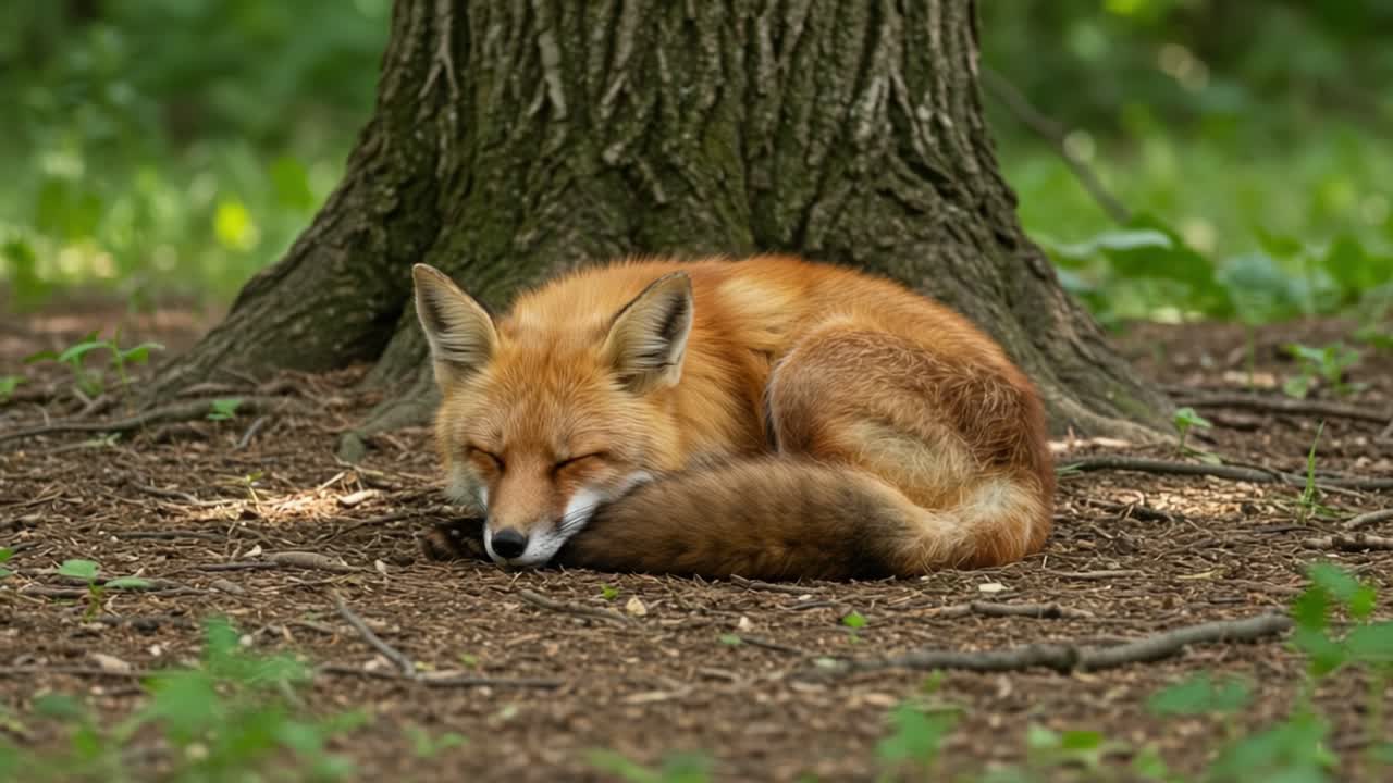 A Peaceful Red Fox Nestled Comfortably at the Base of a Tree in a Lush Forest, Enjoying a Serene Moment of Rest and Tranquility Amidst Nature's Embrace