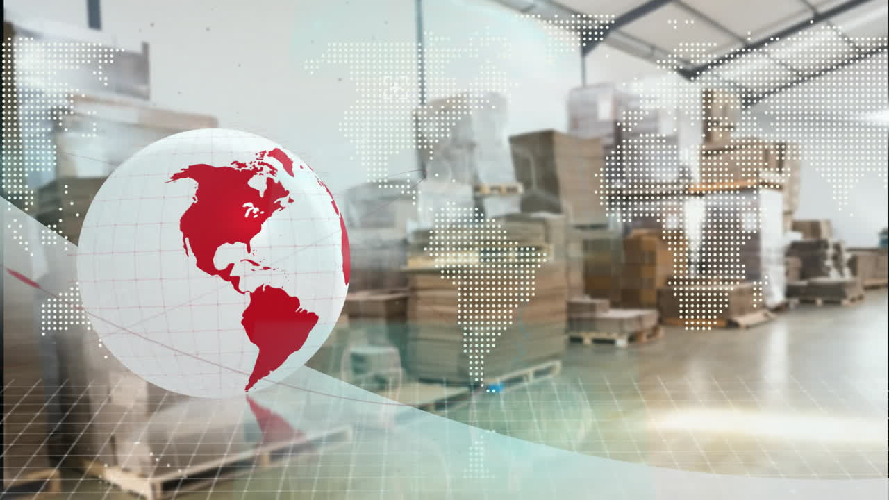 Warehouse with stacked pallets and red globe animation over world map