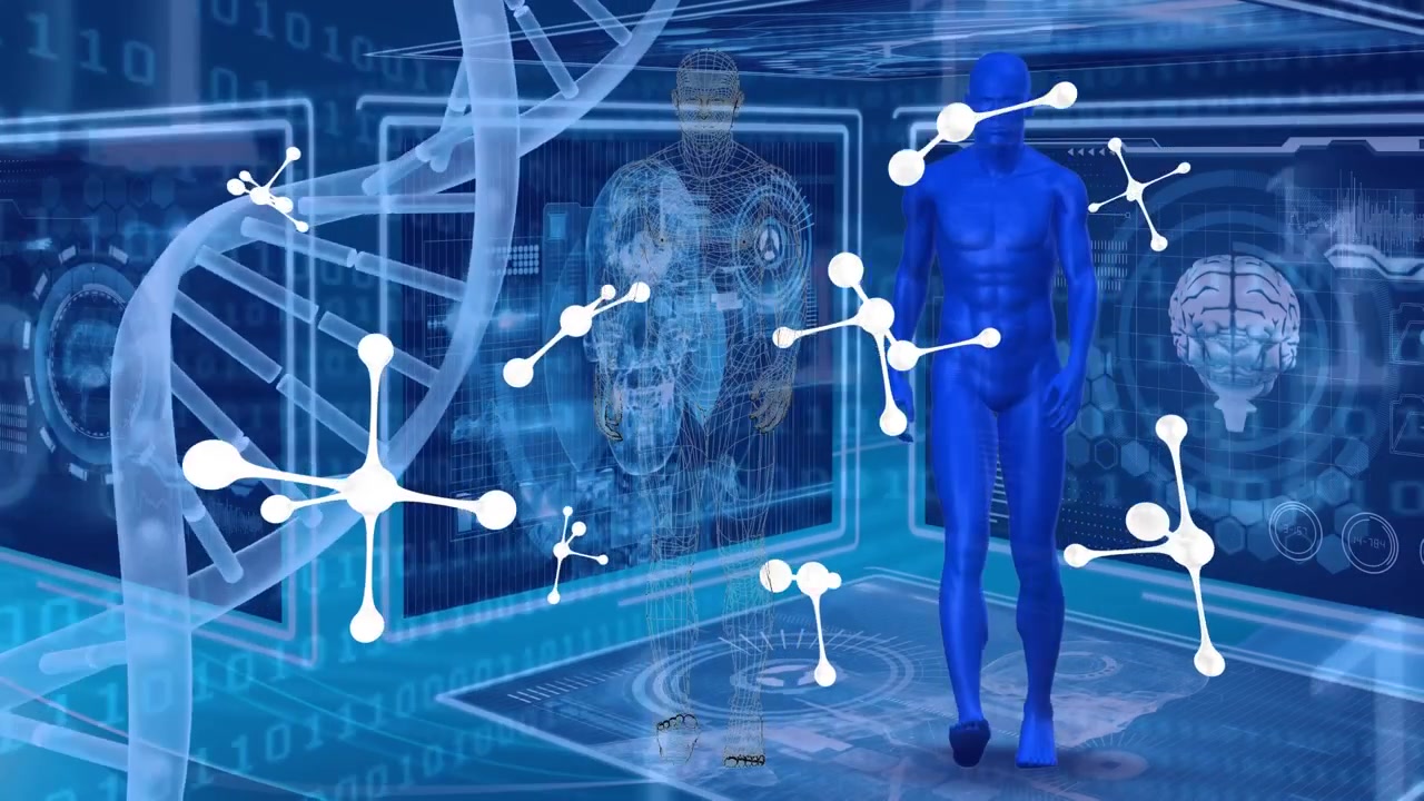 Animation eines DNA-Strangs und medizinischer Datenverarbeitung auf blauem Hintergrund