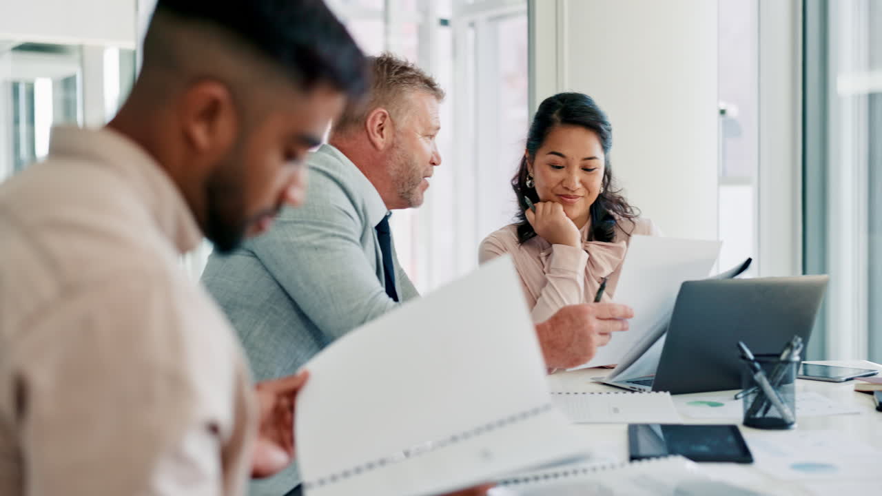 Documents, CEO and business people in a meeting