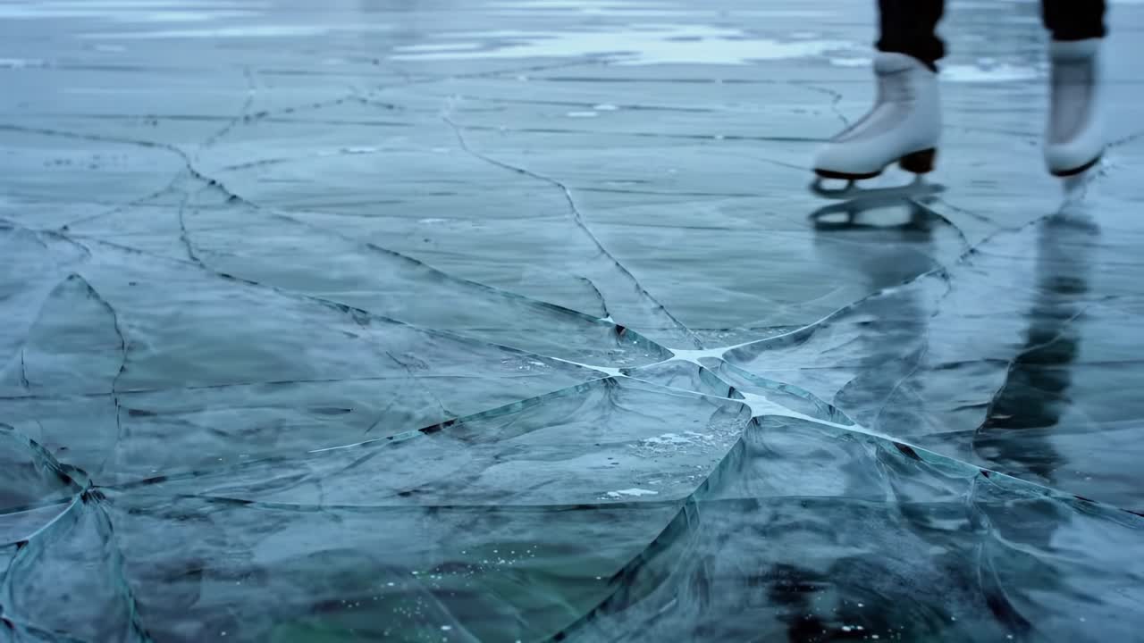Graceful Ice Skating on Fragile Cracked Ice, Showcasing the Delicate Beauty of Winter Sports in a Stunning Frozen Landscape