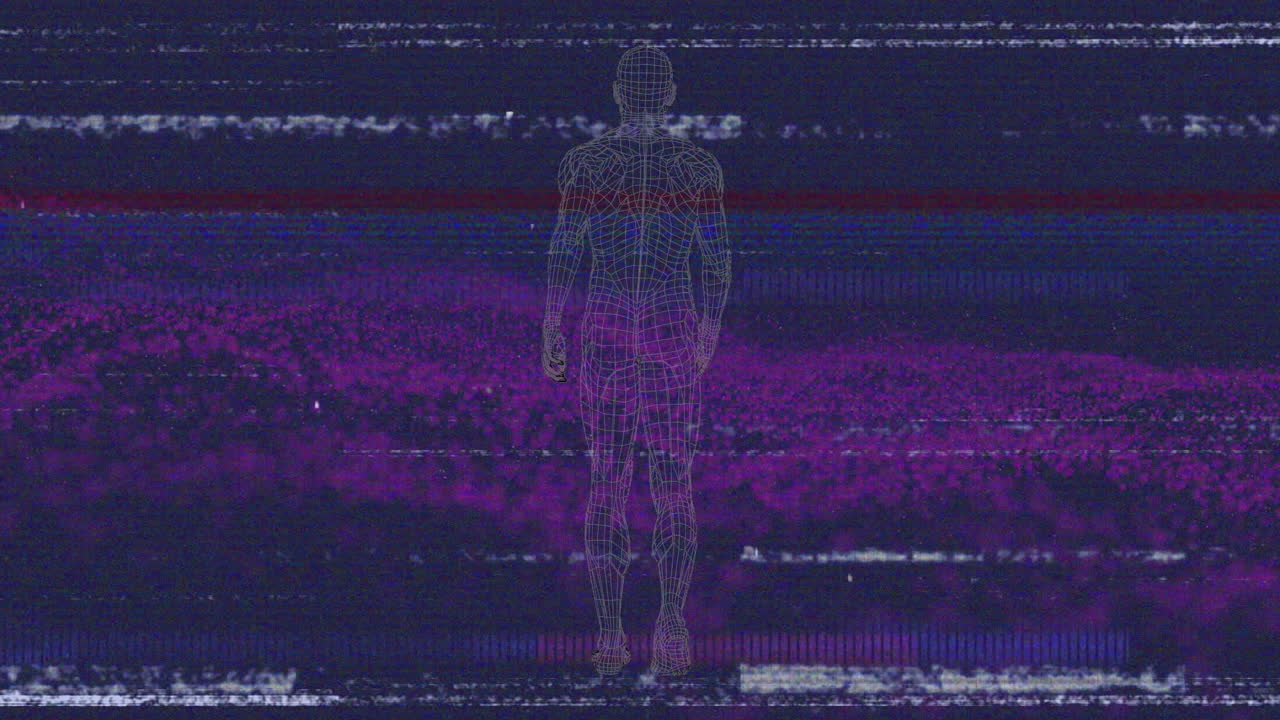 Animation of wireframe human figure standing against glitchy purple and blue digital backdrop